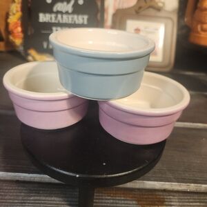Set of Three Ceramic Ramekins in Blue and Pink
